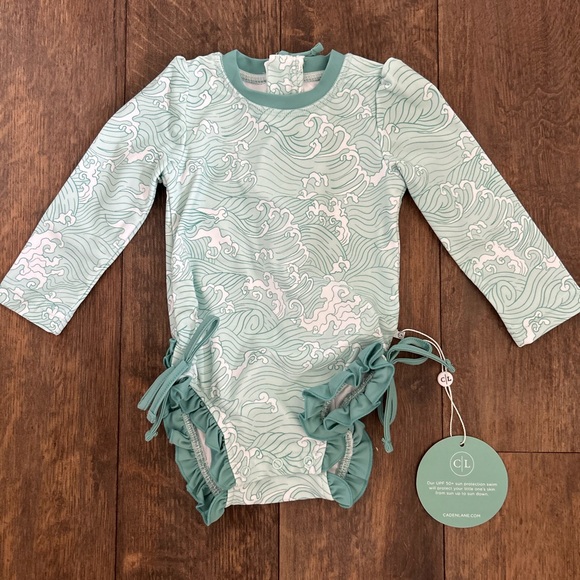 Baby Swim Long Sleeve Rash Guard - Greenish teal and white Waves - Picture 1 of 4